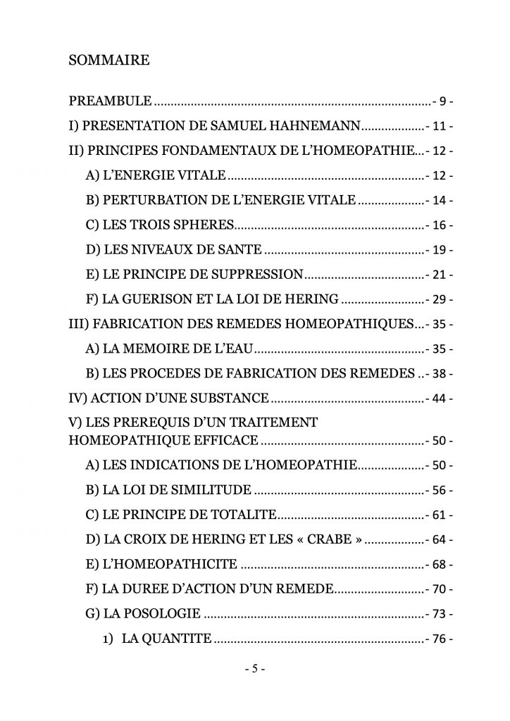 Livre Virginie Roulleau - Pincipes fondamentaux de l'homéopathie - Comment remonter son niveau de santé Sommaire p1